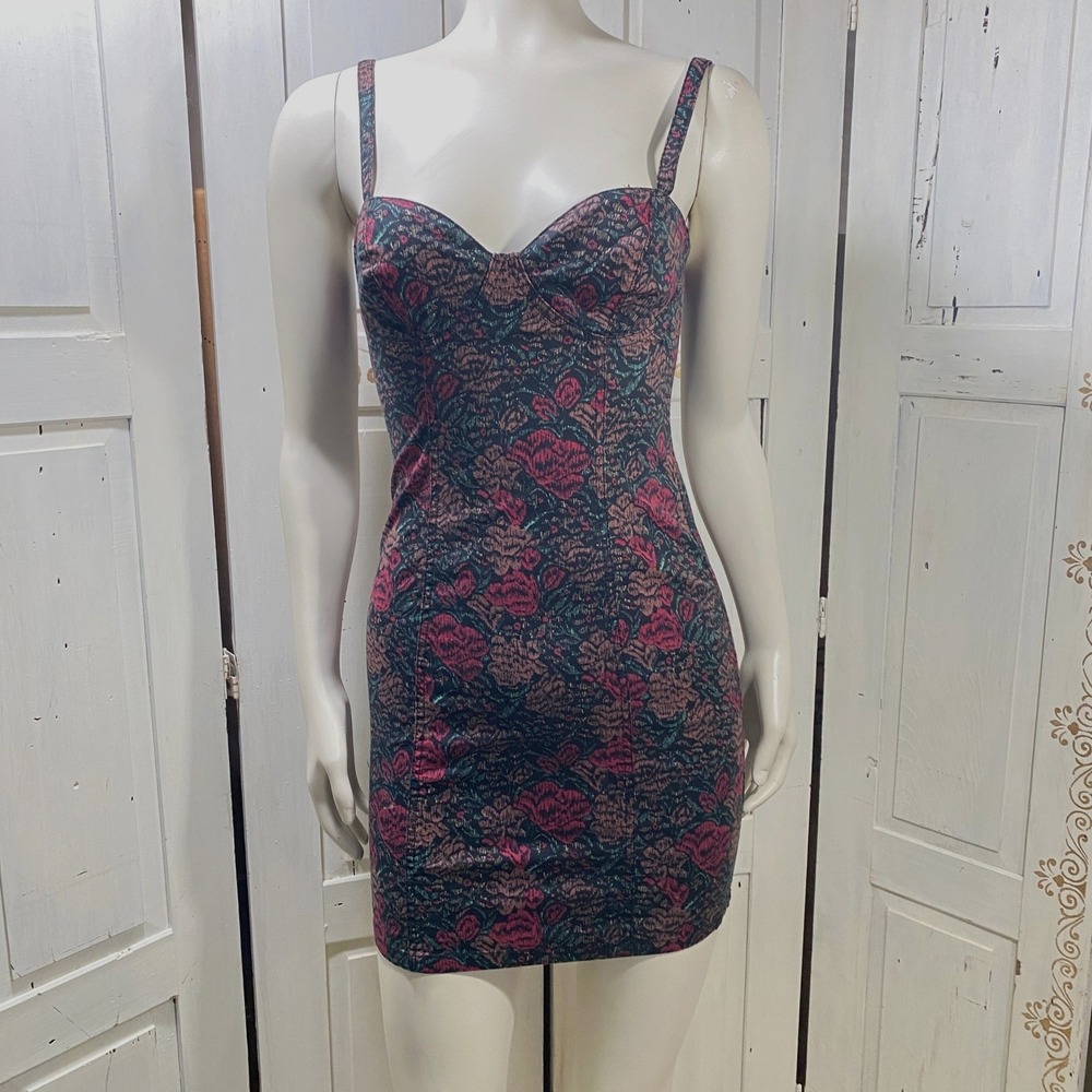 Insight Smokin Barrels‎ Bodycon Mini Dress Size 2 Black Pink Roses Adj Straps